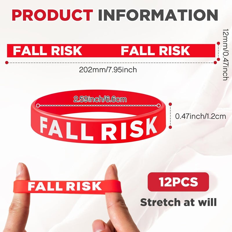 Sumind 12 Pcs Fall Risk Bracelet Emergency Alert Wristband for Elderly Patient Wristbands Fall Risk Silicone Rubber Bracelets for Men Women Old People Gifts(Red) - Image 3